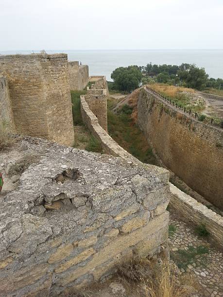 Moated Akkerman fortress outer wall with estuary in the background