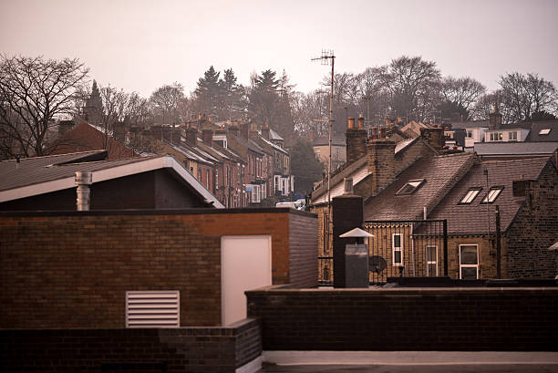 Terraced rooftops in urban Sheffield, UK. Uphill showing roofs, trees, and street.