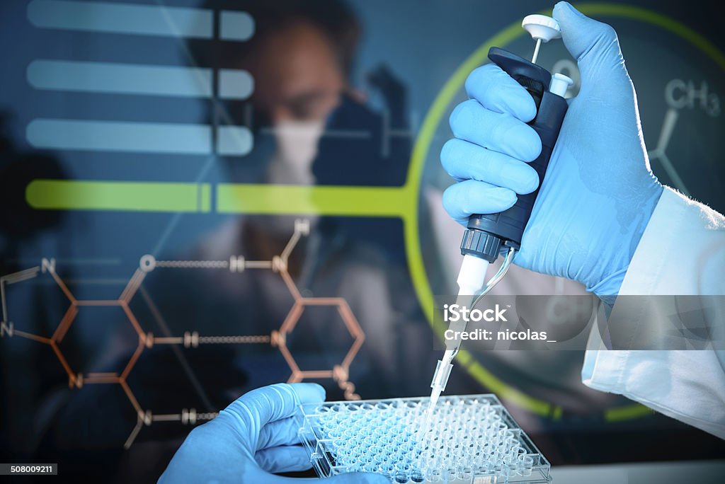 Lab Experiment Lab technician injecting liquid into a microtiter plate Laboratory Stock Photo