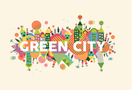 Colorful green city. Environment and ecology sustainable development concept illustration. EPS10 vector file organized in layers for easy editing.