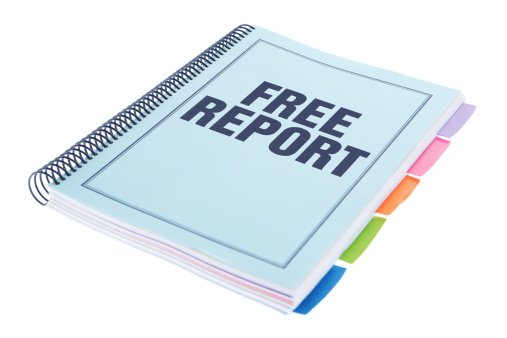 Free Report - Large bound business documents in book form with dividers with a blue cover - isolated on a white background.  Paperwork on white.