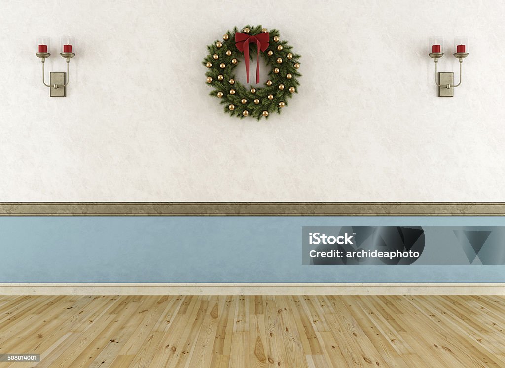 Empty vintage room with wreath Empty vintage room with wreath and candle without furniture-rendering Blue Stock Photo