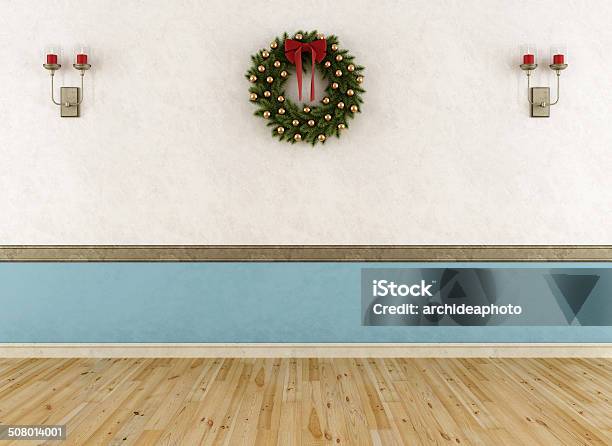 Empty Vintage Room With Wreath Stock Photo - Download Image Now - Blue, Candle, Christmas