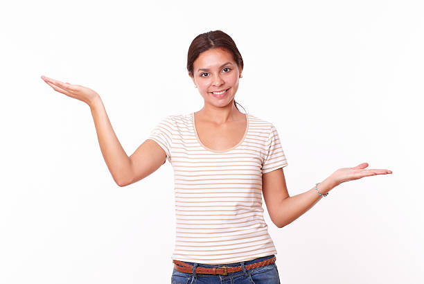 istock Cute latin female holding her palms up 508015783