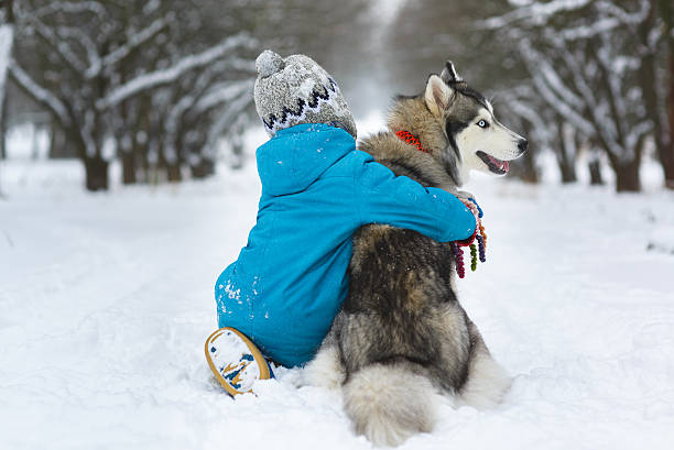istock happy boy hugging dog or husky outdoors in winter day 508024864
