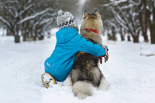 happy boy hugging dog or husky outdoors in winter day.