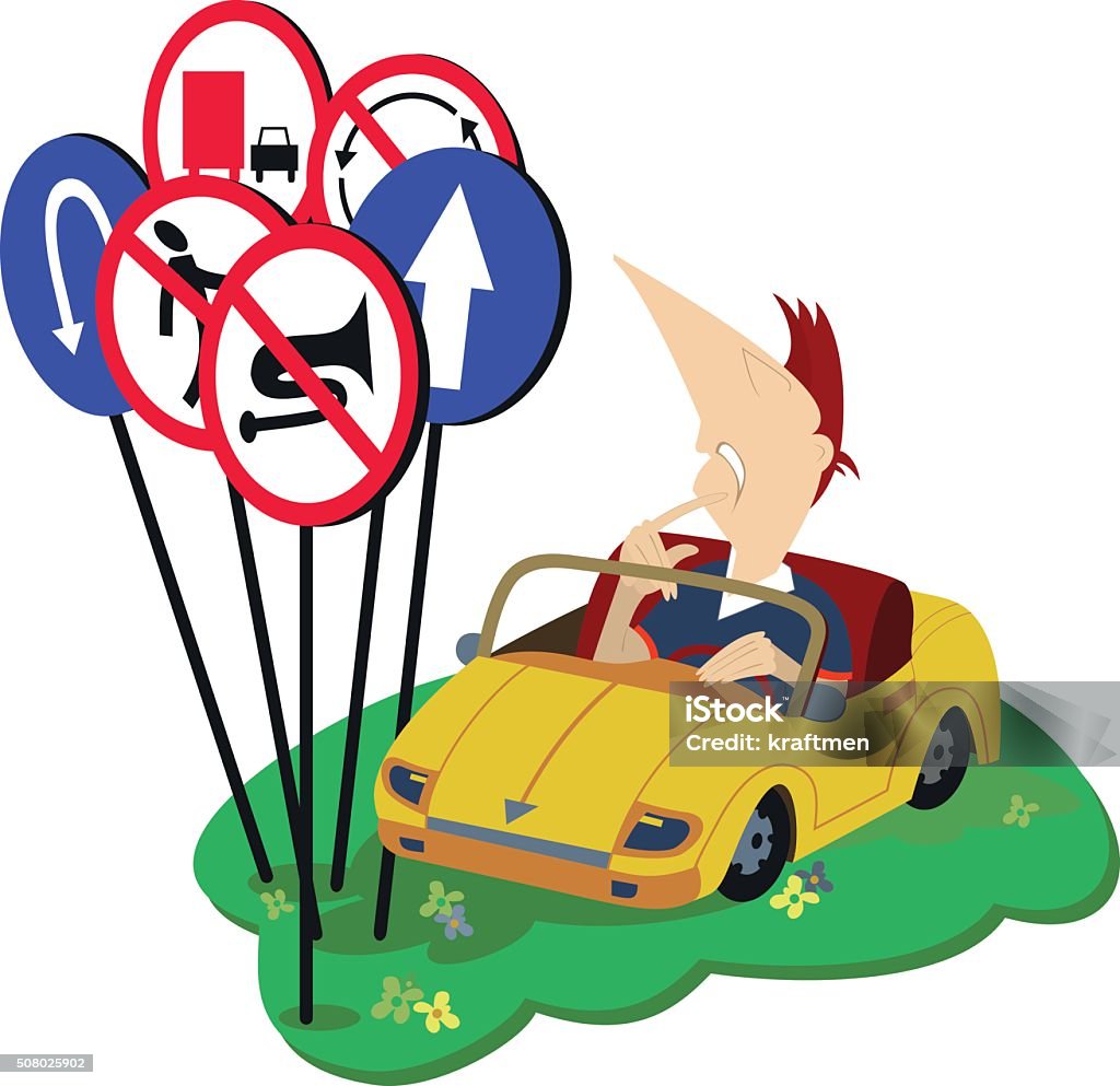Puzzled driver Puzzled driver looks at road signs Driving stock vector