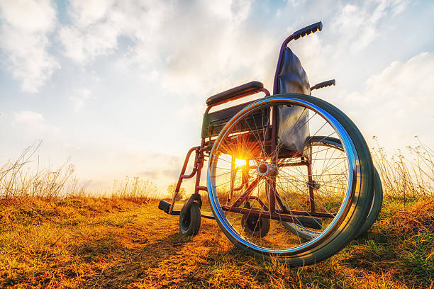 istock Empty wheelchair on the meadow at sunset 508028084