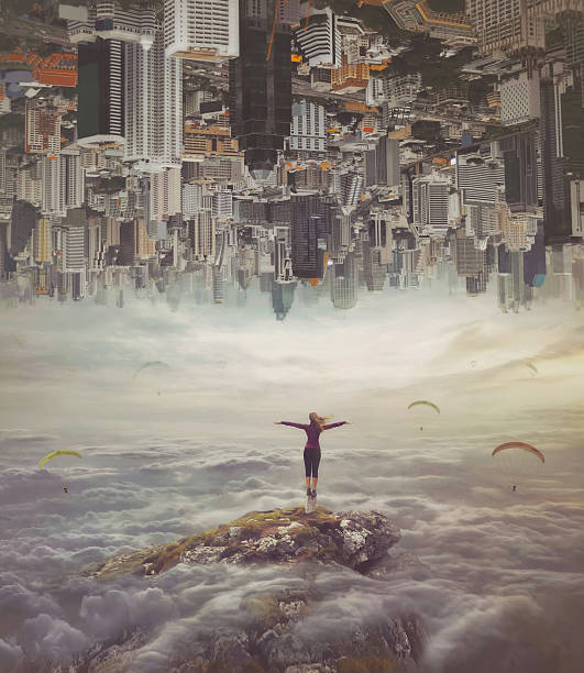 Young woman standing on a rock with divorced hands Young woman in the sky standing on a rock with divorced hands surreal stock pictures, royalty-free photos & images