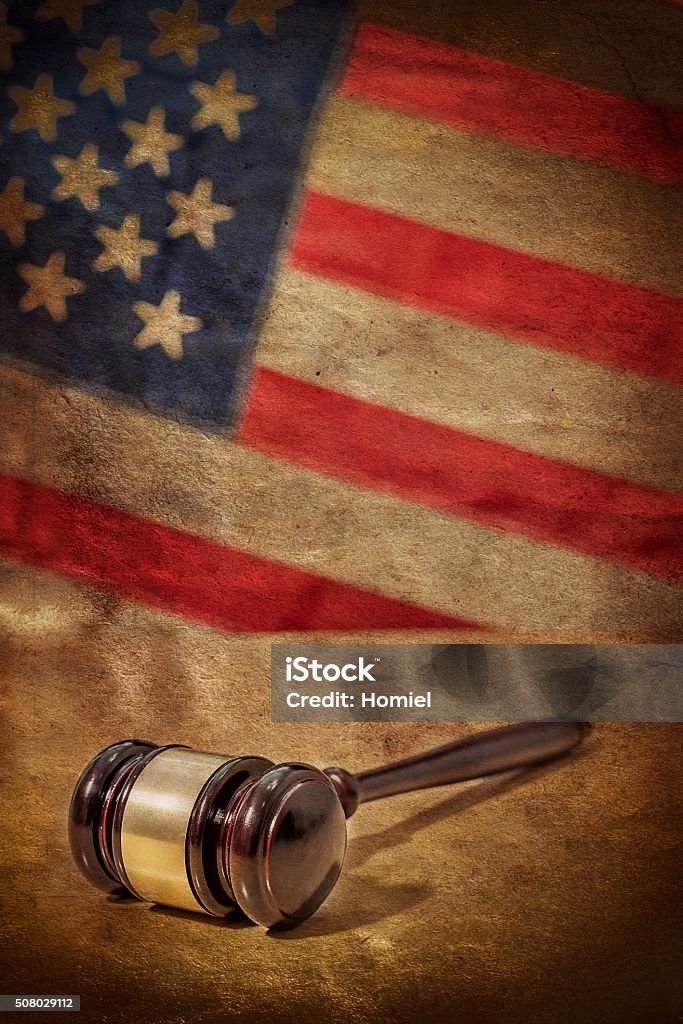 Gavel on a background of the American flag Gavel on the table old card American Flag Stock Photo