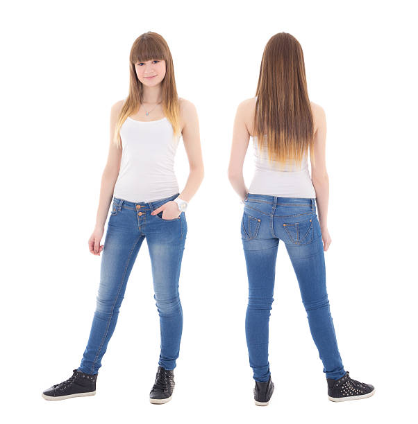 front and back view of cute teenage girl in t-shirt front and back view of cute teenage girl in white t-shirt isolated on white background pics of girls buttocks stock pictures, royalty-free photos & images