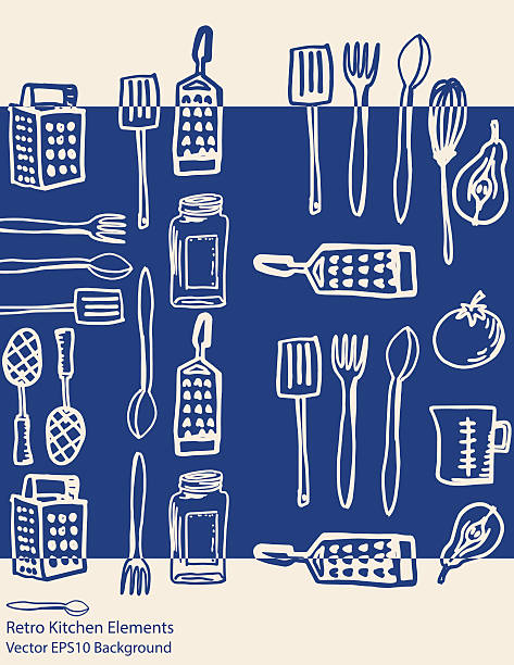 Vintage Kitchen Gadgets Background Fun Hand Drawn Retro Kitchen Gadgets Background in two colors. Elements were doodled in ink then converted to vector objects. retro 1950s kitchen stock illustrations