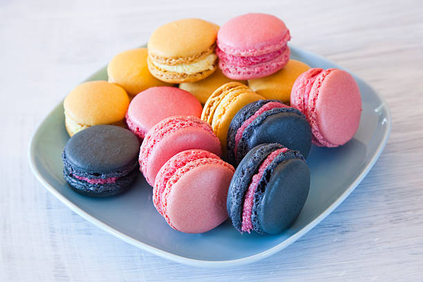 istock Colorful pink, yellow and blue macarons on a plue plate 508033390