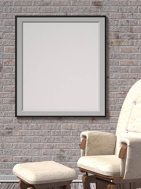 istock Blank picture frame with leather armchair. Mock up poster. 3D 508036320