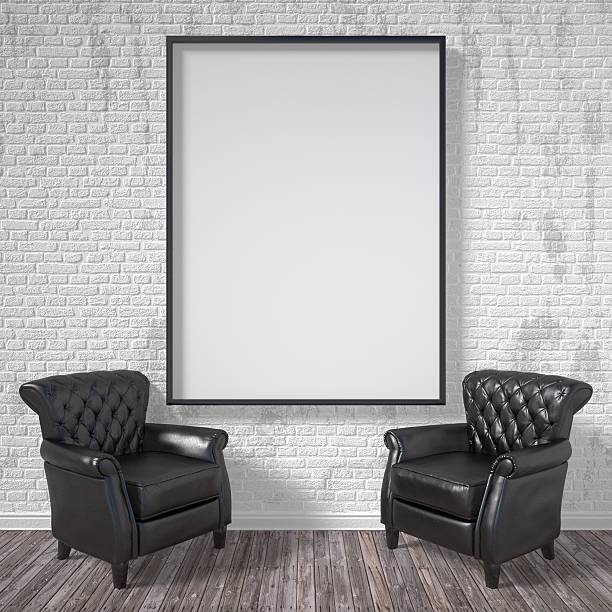 istock Blank picture frame with black armchairs. Mock up poster. 3D 508036586