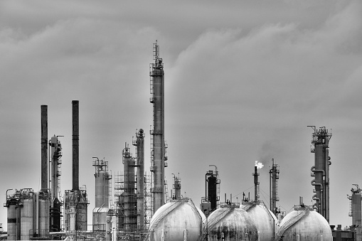 Image featuring a gas refinery.  Monochrome image.