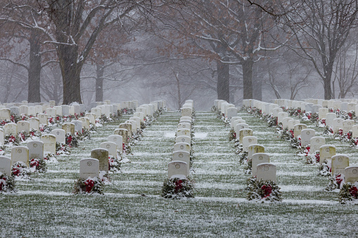 Snow from the Blizzard of 2016 begins to cover the headstones and wreaths from Wreaths Across America at Arlington National Cemetery