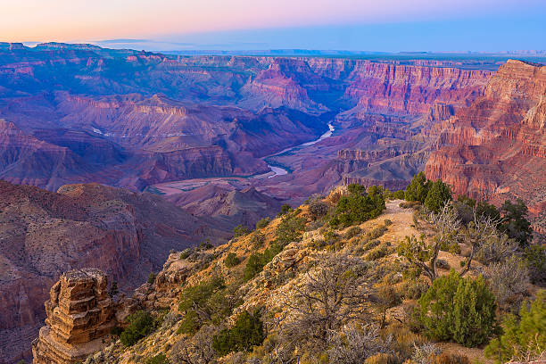 Majestic Vista of the Grand Canyon at Dusk Beautiful Landscape of Grand Canyon from Desert View Point during dusk south rim stock pictures, royalty-free photos & images