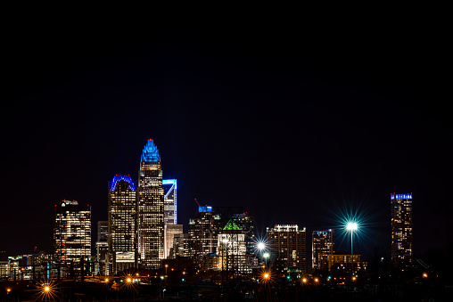The colorful Charlotte, North Carolina skyline taken at night a week before the championship game . 