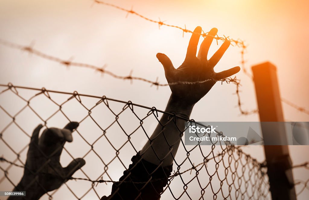 Refugee men and fence. Refugee concept War Stock Photo