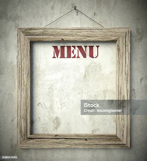 Menu In Old Wooden Frame On Wall Stock Photo - Download Image Now - Art And Craft, Art Museum, Backgrounds