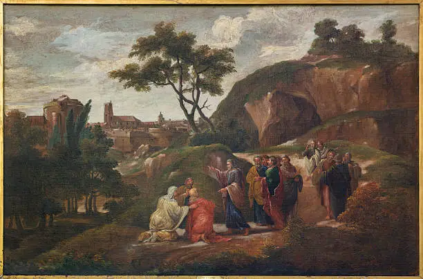 Bruges - Paint of scene Jesus and disciples by D. Nolet 1645) in st. Jacobs church (Jakobskerk).