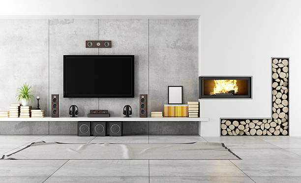 sala de estar contemporánea con chimenea - entertainment center fotografías e imágenes de stock