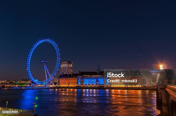 London Eye And County Hall At Night Stock Photo - Download Image Now - 21st Century, Architecture, Arranging