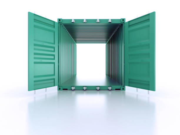 verde brillante abierto vacía contenedor de metal sobre blanco - cargo container container open shipping fotografías e imágenes de stock