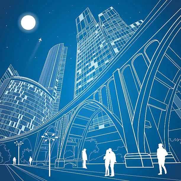 Vector illustration of Big bridge, night city, industrial and infrastructure