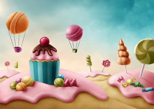 Fantasy candyland with cupcake and bonbons