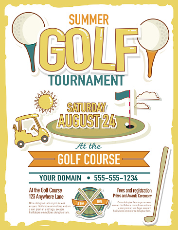 Vector illustration of summer golf tournament invitation layout or poster advertisement design template. Green, cheerful orange colors.  Includes sample text design elements and golf green, golf course and golf cart background. Perfect for golf outing, tournament, golf course advertisement poster and charity sporting event. See my portfolio for other invitations and golf concepts.