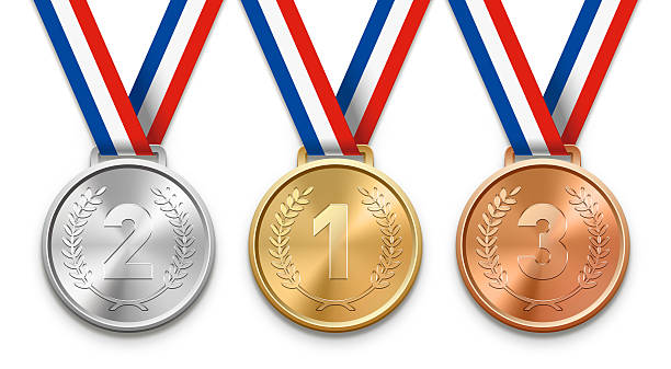 três medalhas de vitória - award bronze medal medal ribbon - fotografias e filmes do acervo