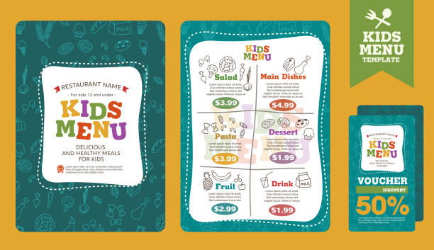 menu Cute colorful kids meal menu vector template chef designs stock illustrations