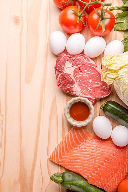 istock steak and fresh salmon fillet whit eggs and vegetable 508066074