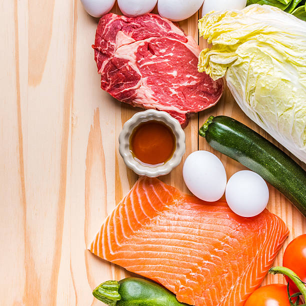 istock steak and fresh salmon fillet whit eggs and vegetable 508066254