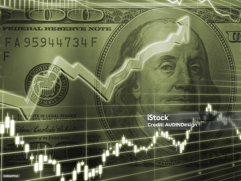 Ben Franklin 100 Dollar Bill Stock Market 3D Rendered Abstract Background of one hundred dollar bill with stock market chart Interest Rate Stock Photo