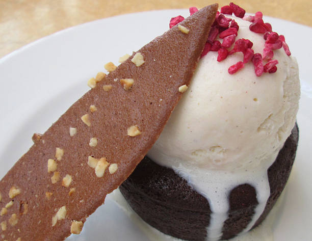 istock Chocolate fondant cake, vanilla ice-cream, praline hazelnut tuile, dried-raspberry pieces 508071407
