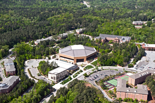An aerial view of the University of North Carolina campus and surrounding area in Chapel Hill, North Carolina.