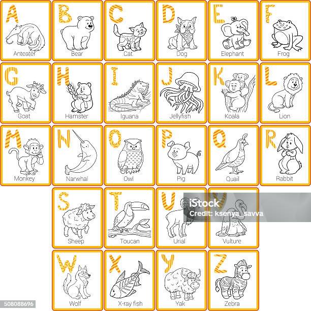 Vector Colorless Zoo Alphabet With Cute Animals Stock Illustration - Download Image Now - Child, Zoo, Activity