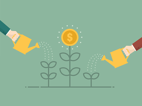 Money Growth. Flat design illustration. Business person watering money tree