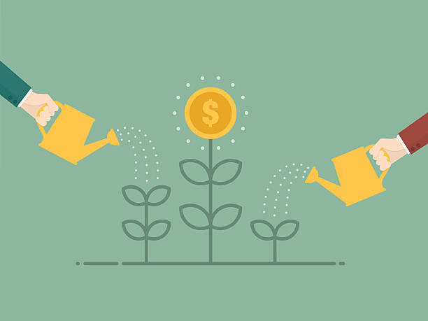 Money Growth Money Growth. Flat design illustration. Business person watering money tree savings illustrations stock illustrations