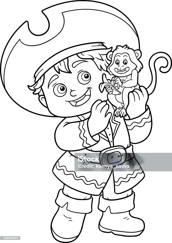 Coloring book for children (pirate boy and monkey) Coloring book, education game for children (pirate boy and monkey) Activity stock vector