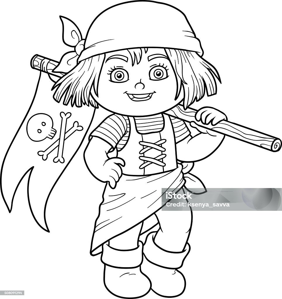 Coloring book for children (pirate girl and flag) Coloring book, education game for children (pirate girl and flag) Activity stock vector