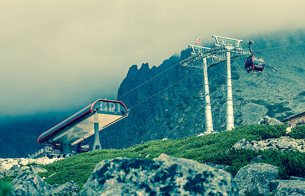 Tatranska Lomnica, Slovakia - July 26, 2014: Ropeway from Tatranska lomnica to Skalnate pleso in High Tatras mountains.