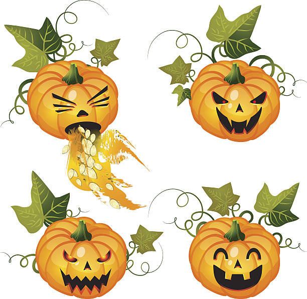 Halloween pumpkins set with leaves Halloween pumpkins Jack O Lanterns set isolated on white. File saved in EPS 10 format and contains blend, and transparency effect. throwing up pumpkin stock illustrations