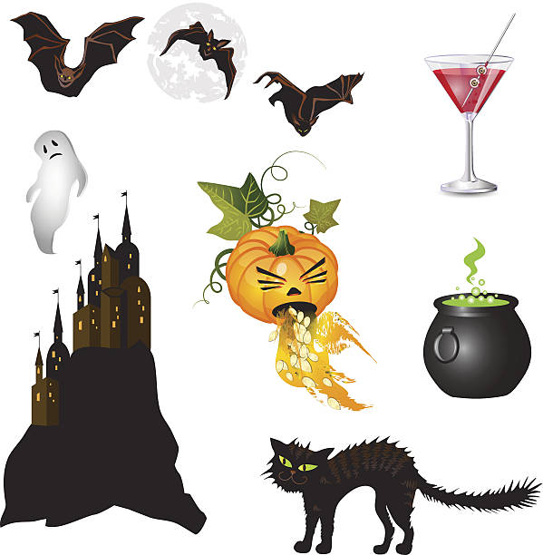 Set of fun Halloween icons Set of fun Halloween icons, isolated on white. File saved in EPS 10 format and contains blend, and transparency effect. pumpkin throwing up stock illustrations