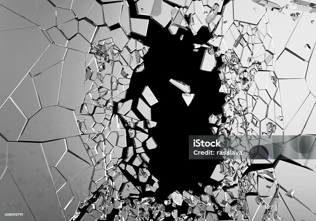 Abstract Illustration of Broken Glass isolated on black background Exploding Stock Photo