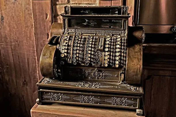 Photo of Old steel Cash Register with German money, Mark and Pfennig