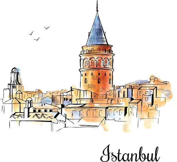 Vector illustration of Hand drawn watercolor illustration of Galata Tower in Istanbul.